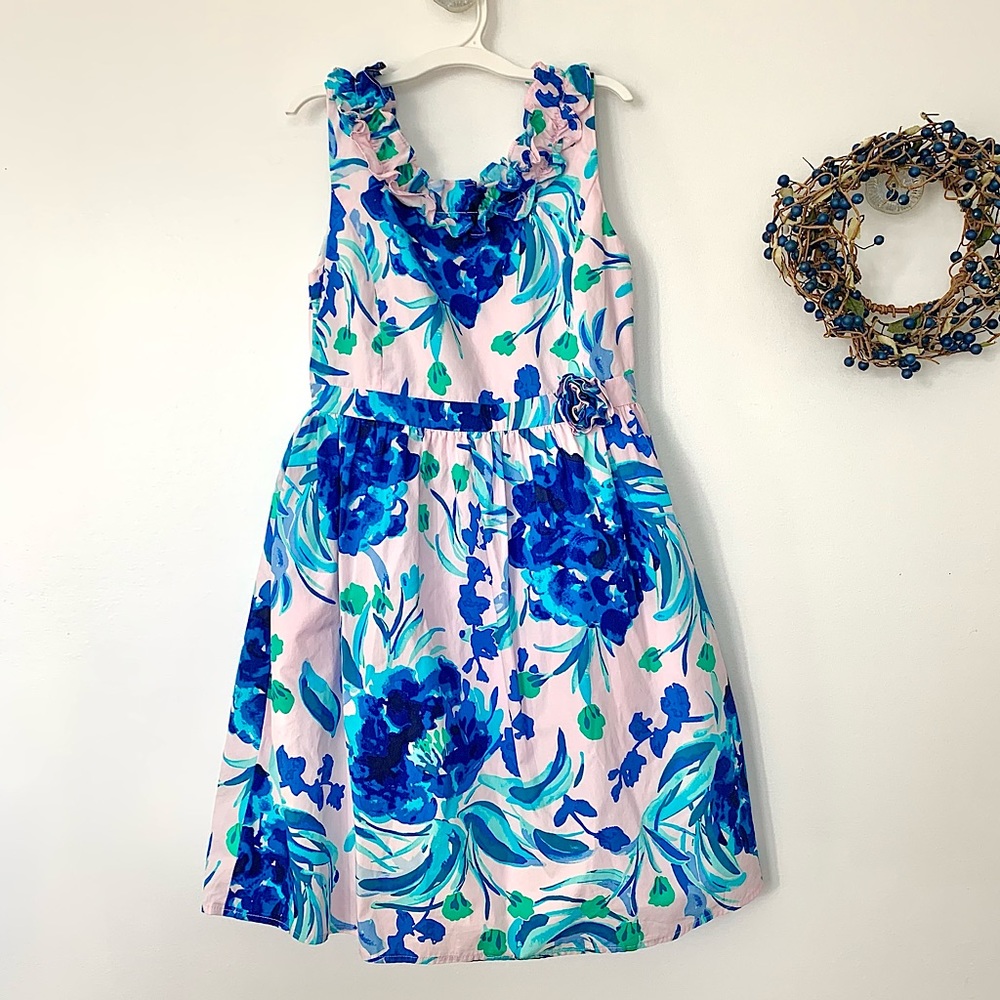 Lilly Pulitzer Georgina Floral Dress Pink Tropics Tint Sweet Pea Blue Girls 14
